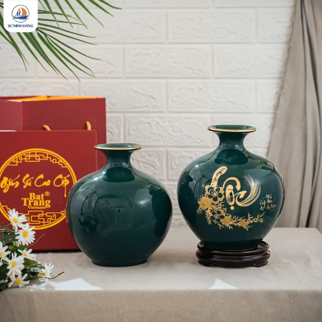 Bình gốm Lộc Viên Mãn kẻ chỉ vàng