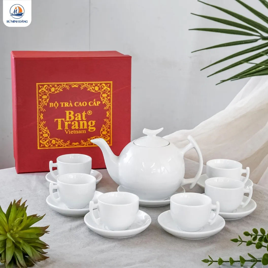 Bộ ấm chén trắng Bát Tràng dáng bưởi cành