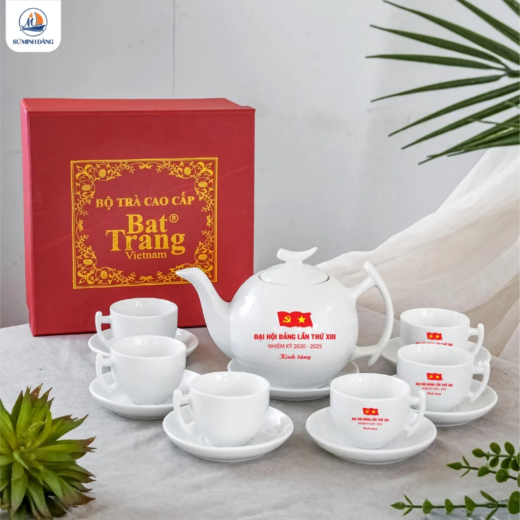Bộ ấm chén trắng Bát Tràng dáng bưởi cành