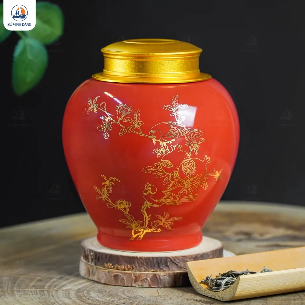 Hũ trà gốm Lựu Khai Phú Quý men đỏ