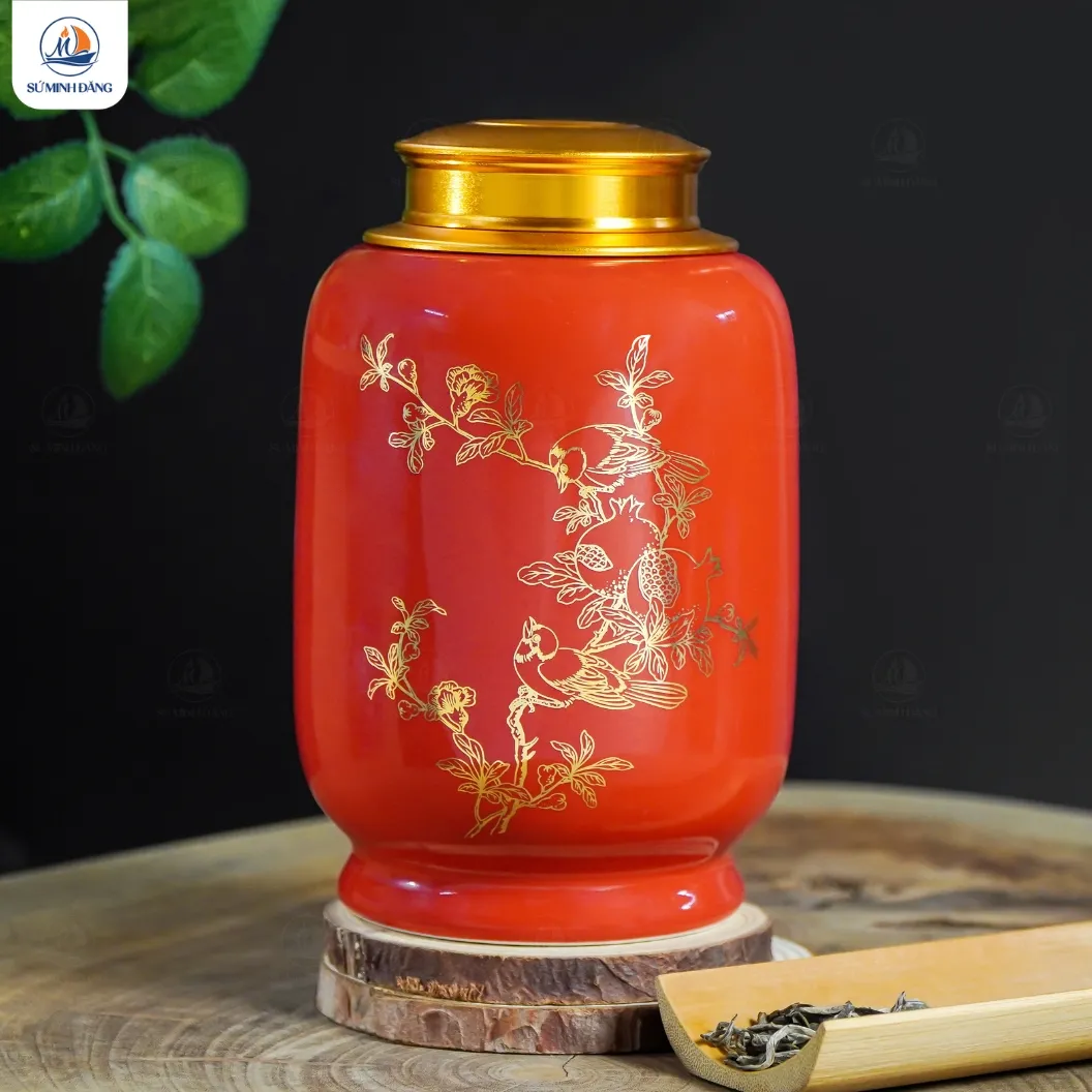 Hũ trà gốm Lựu Khai Phú Quý dáng cao