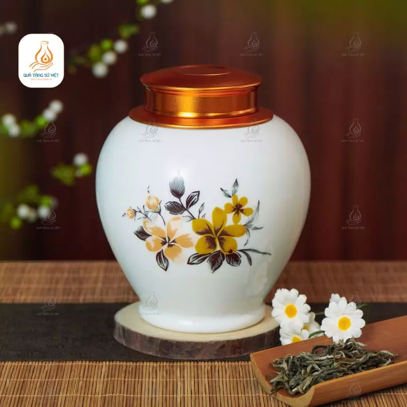 Hũ trà trắng họa tiết hoa đồng nội