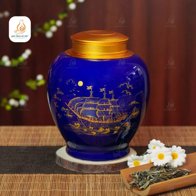 Hũ trà men xanh Thuận Buồm Xuôi Gió