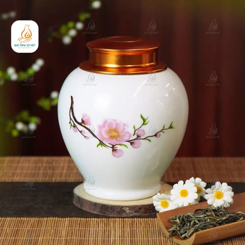Hũ trà trắng hoa đào hồng