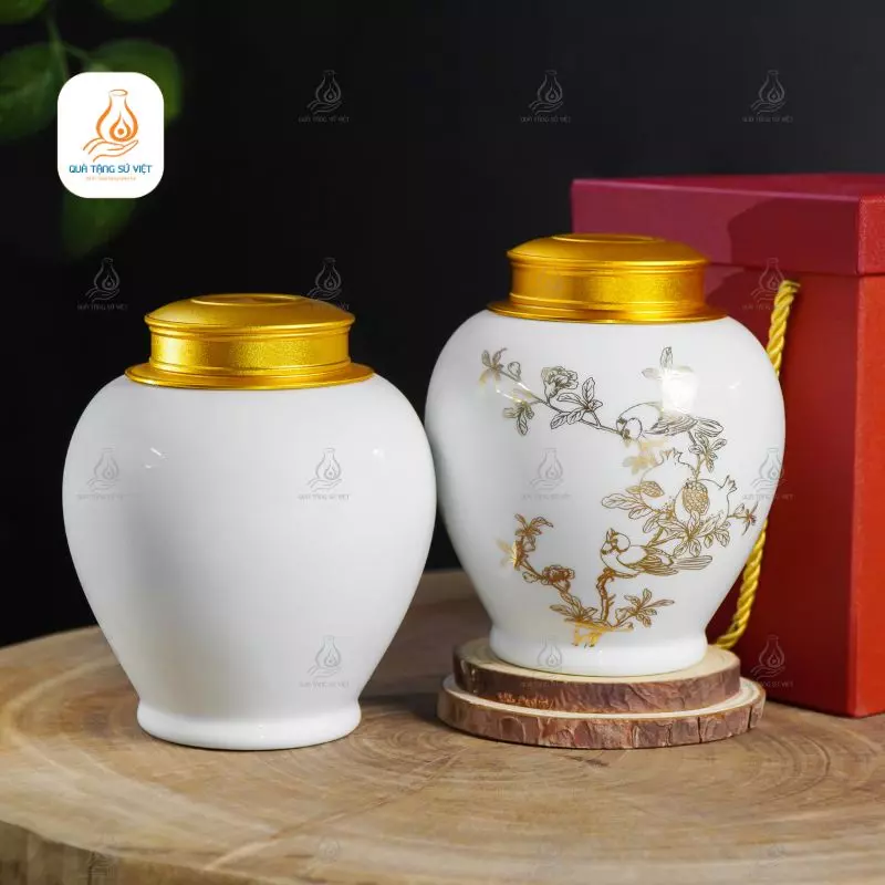 Hũ trà trắng họa tiết Lựu Khai Phú Quý