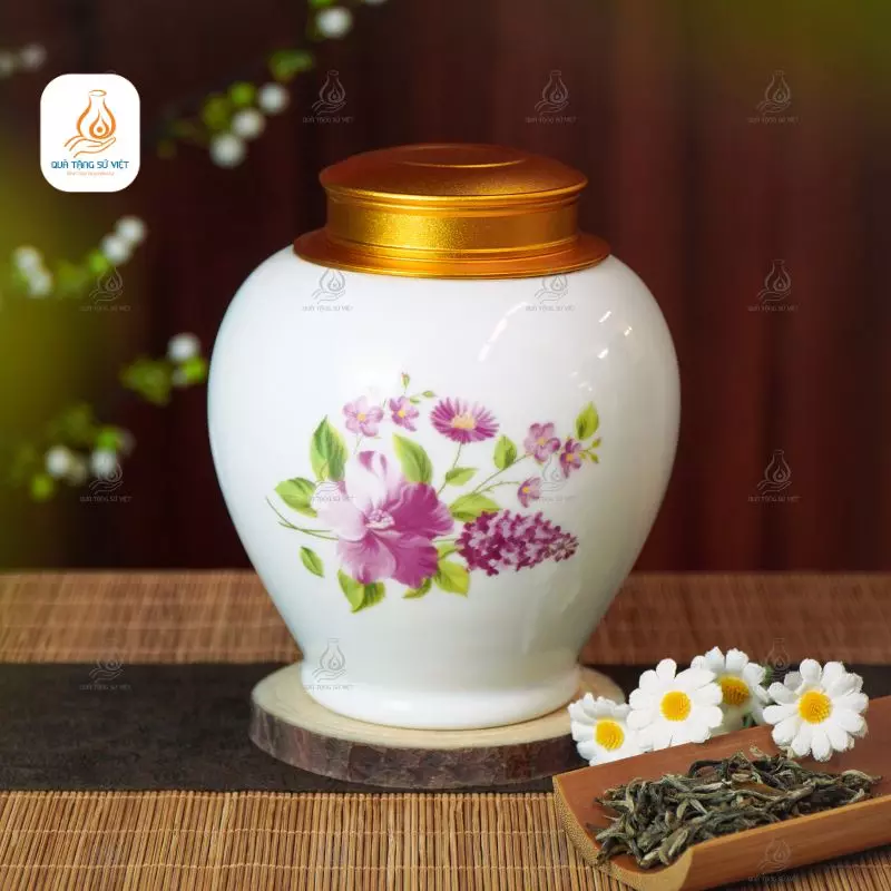 Hũ trà gốm hoa đồng nội
