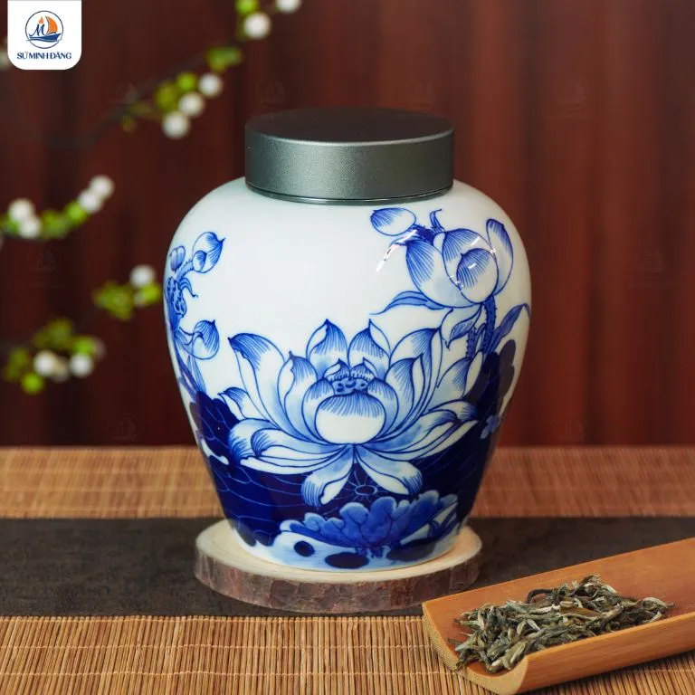 Hũ trà gốm trắng hoa sen xanh