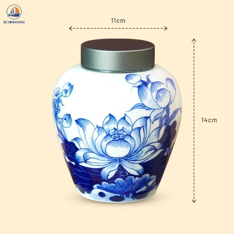 Kích thước Hũ trà gốm trắng hoa sen xanh