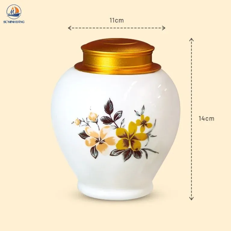 Kích thước Hũ trà gốm trắng họa tiết hoa đồng quê