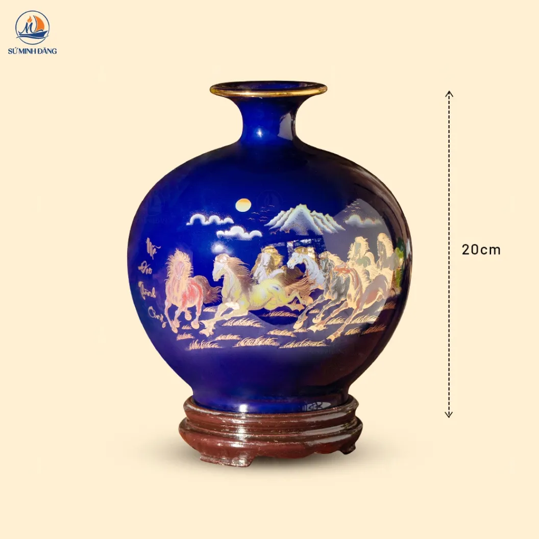 Bình hút lộc Mã đáo thành công men xanh dương