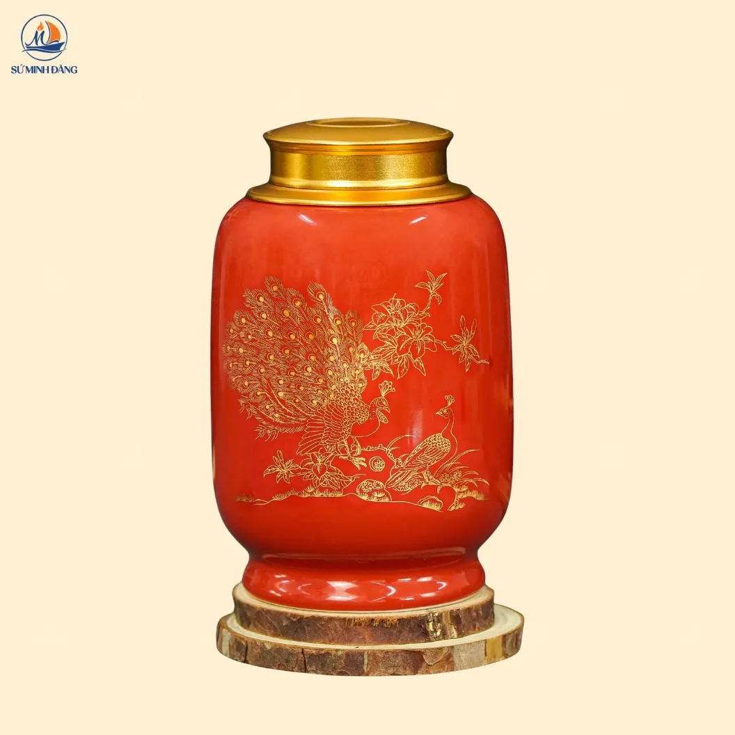 Hũ đựng chè Song Điểu men đỏ