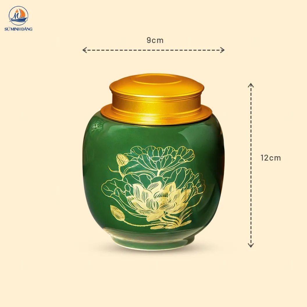 Hũ đựng trà Liên Hoa men xanh lá