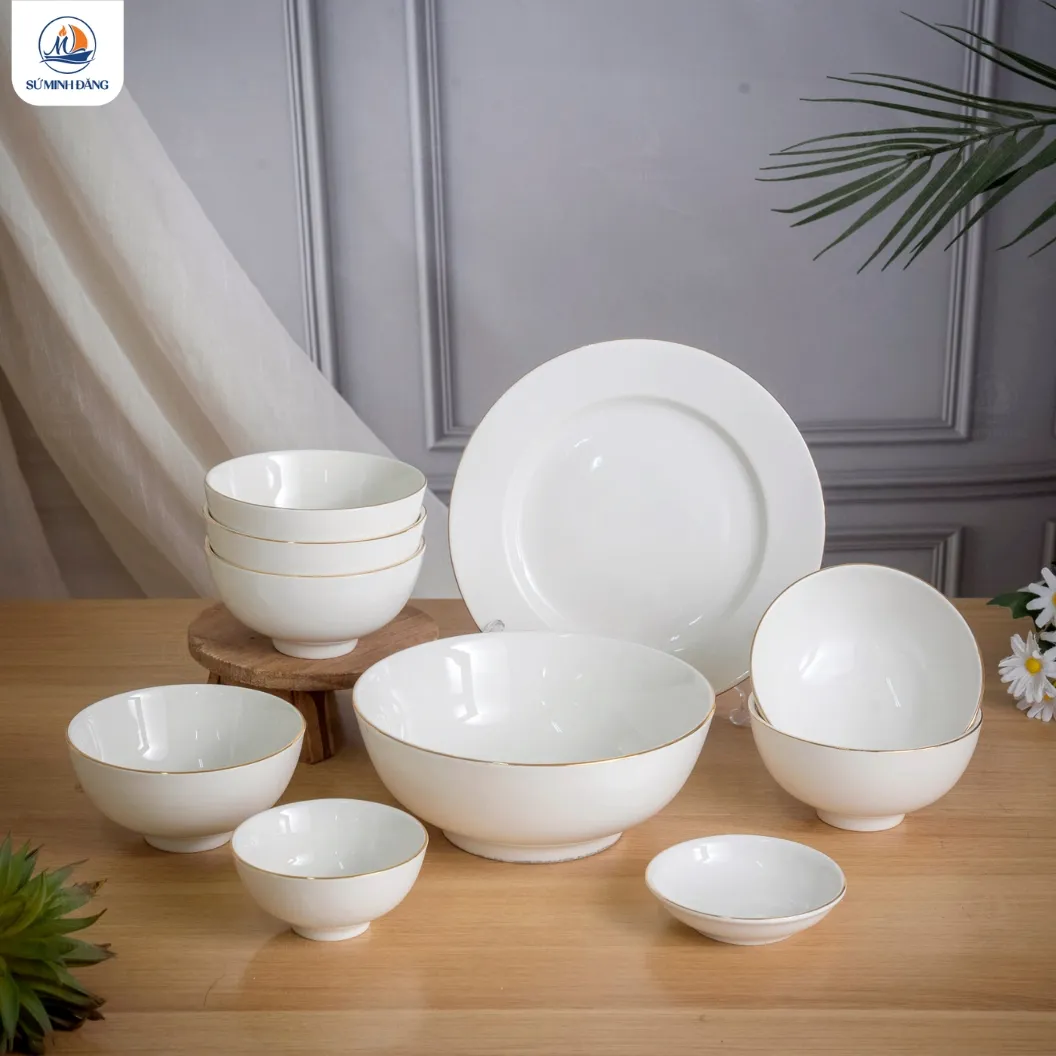 Bộ bát đĩa trắng 10 chi tiết kẻ vàng kim