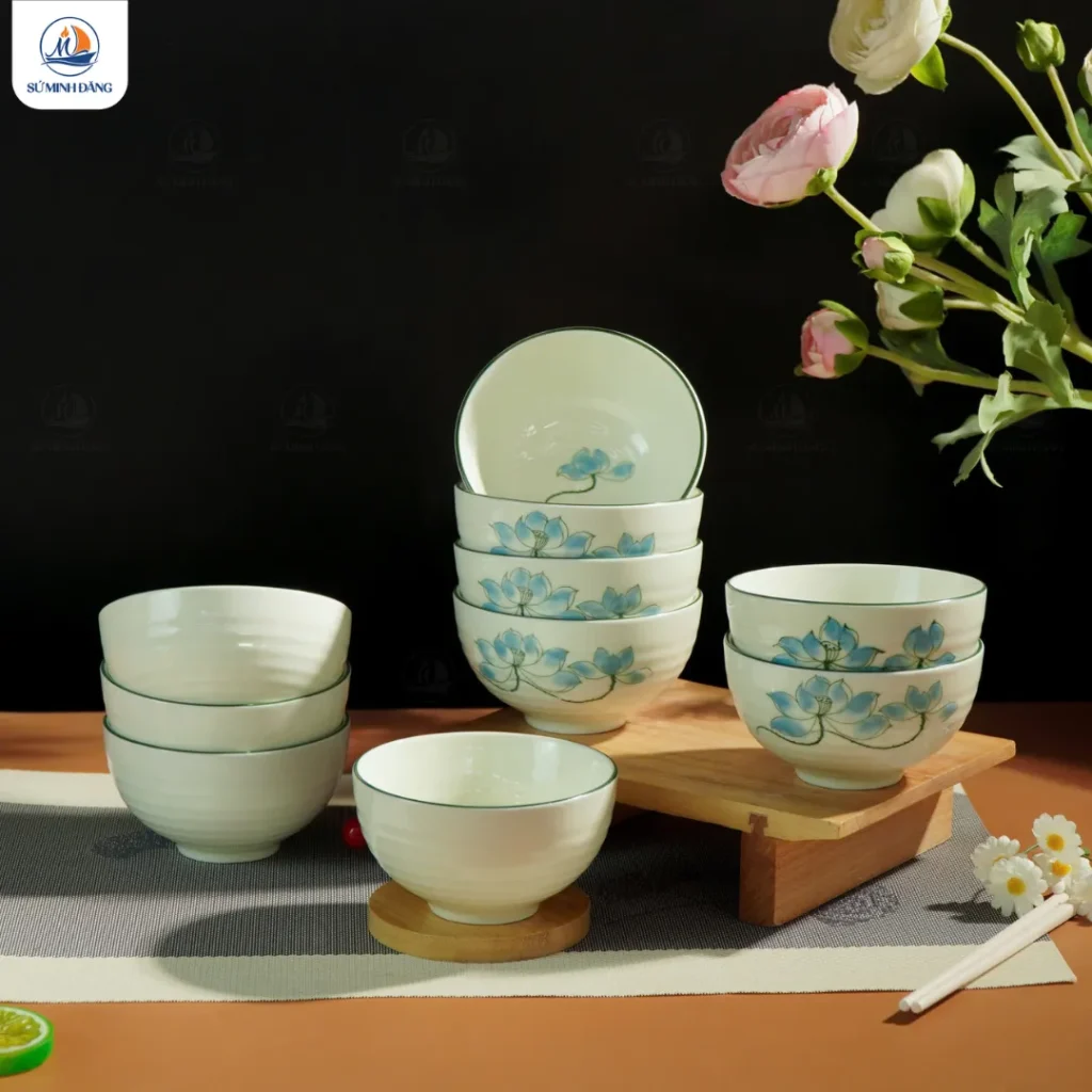 Bộ 10 bát cơm quà tặng họa tiết hoa sen