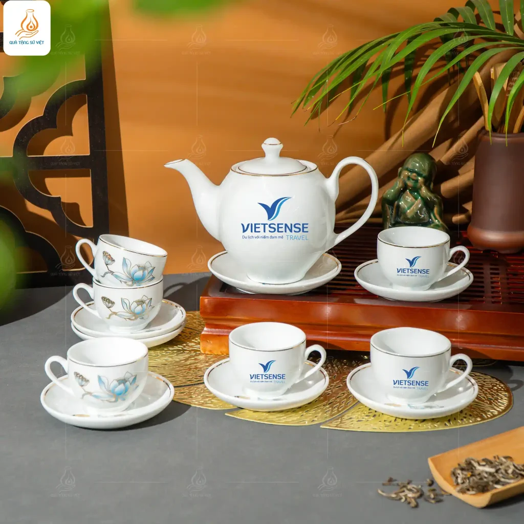 Bộ ấm chén hoa sen in logo theo yêu cầu