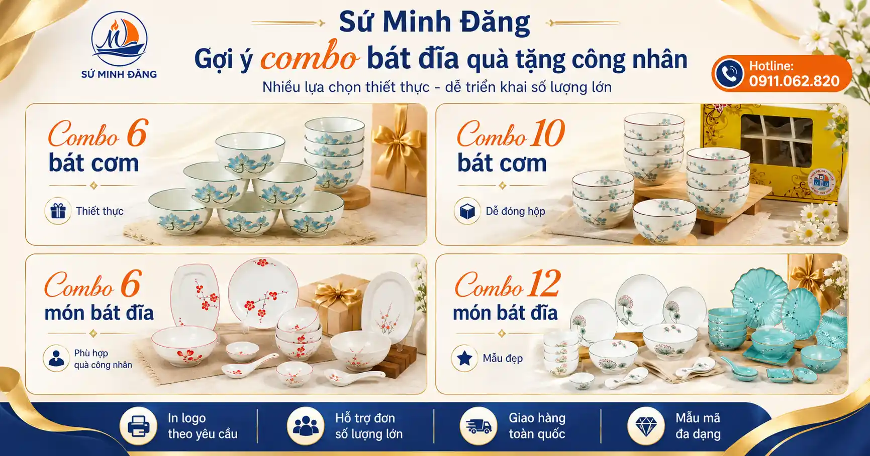 combo 10 món bát đĩa làm quà tặng công nhân giá rẻ