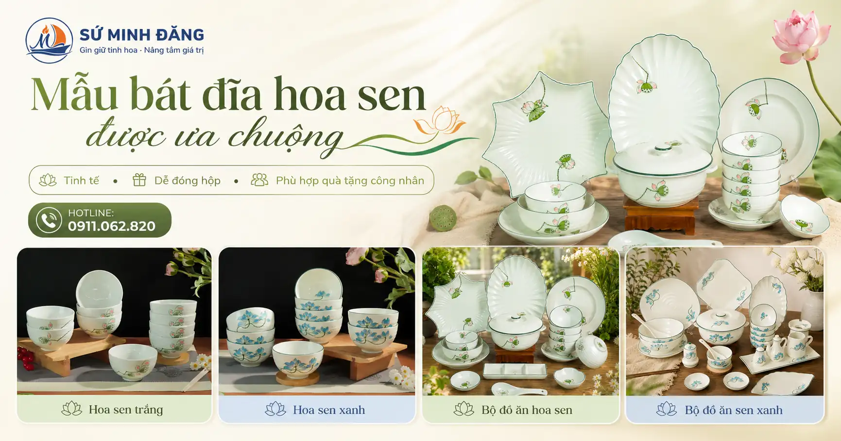 Bộ bát đĩa hoa sen làm quà tặng công nhân viên thiết thực
