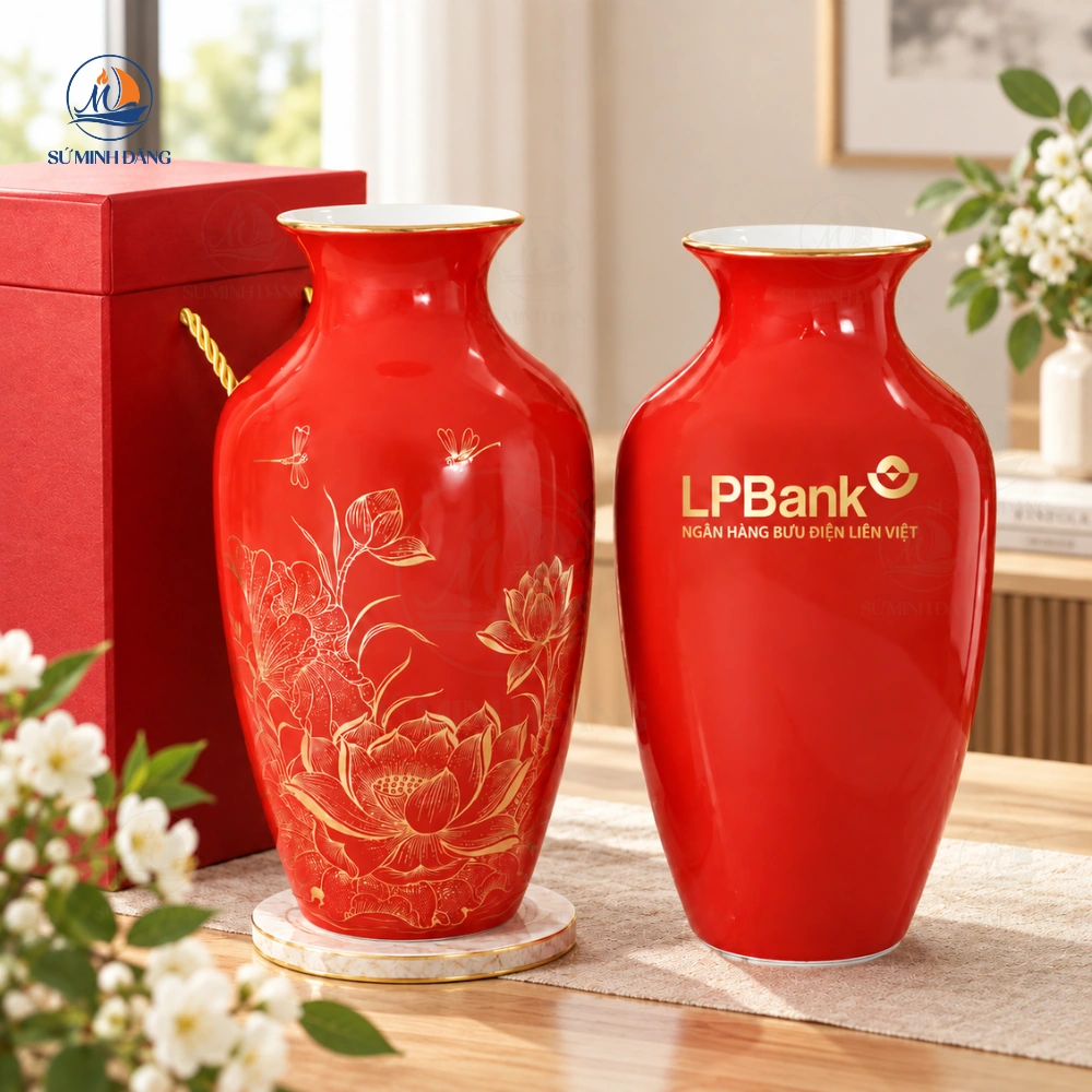 Bình Hoa Gốm Liên Hoa Men Đỏ In Logo LPBank
