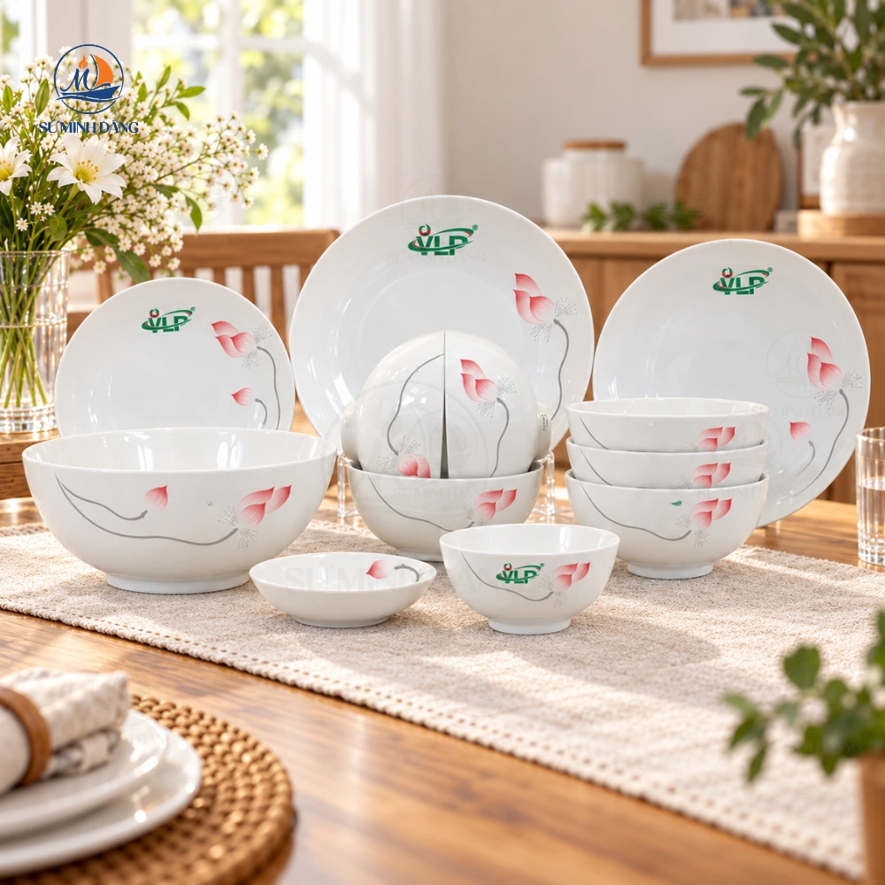 Bộ Bát Đĩa Hoa Sen In Logo Quà Tặng