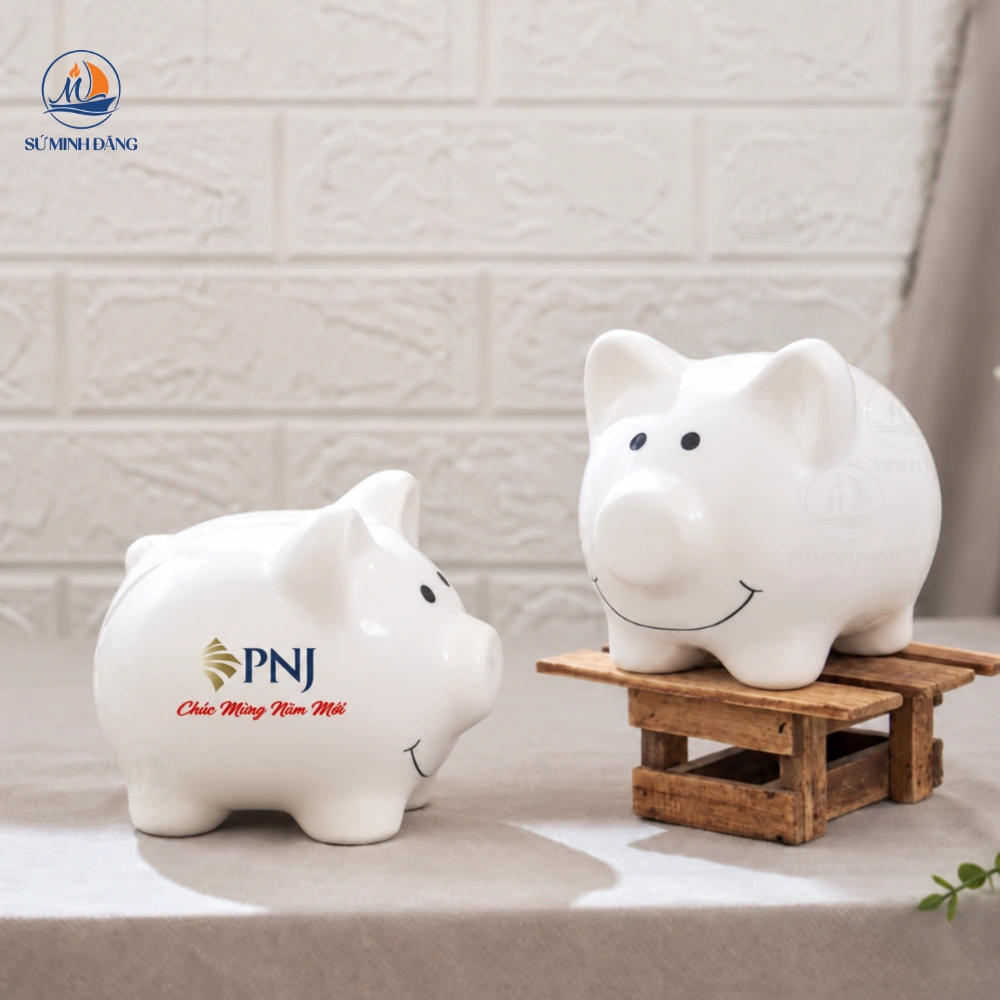 Heo Đất Sứ Trắng In Logo Quà Tặng