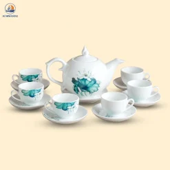 Bộ trà bưởi men trắng họa tiết sen xanh