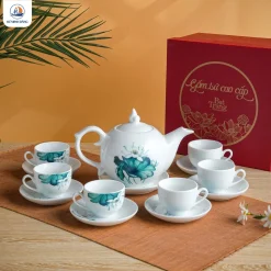 Bộ trà bưởi men trắng họa tiết sen xanh