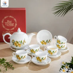Bộ ấm chén trắng bưởi lửa hoa đồng nội