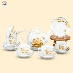 Bộ ấm chén trắng Thuận Buồm Xuôi Gió vàng kim