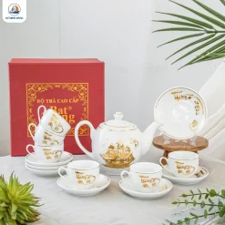 Bộ ấm chén trắng Thuận Buồm Xuôi Gió vàng kim