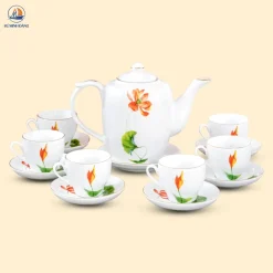 Bộ ấm trà trắng hoa tiết hồng liên Bát Tràng