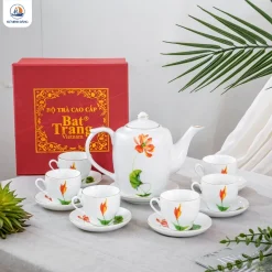 Bộ ấm trà trắng hoa tiết hồng liên Bát Tràng
