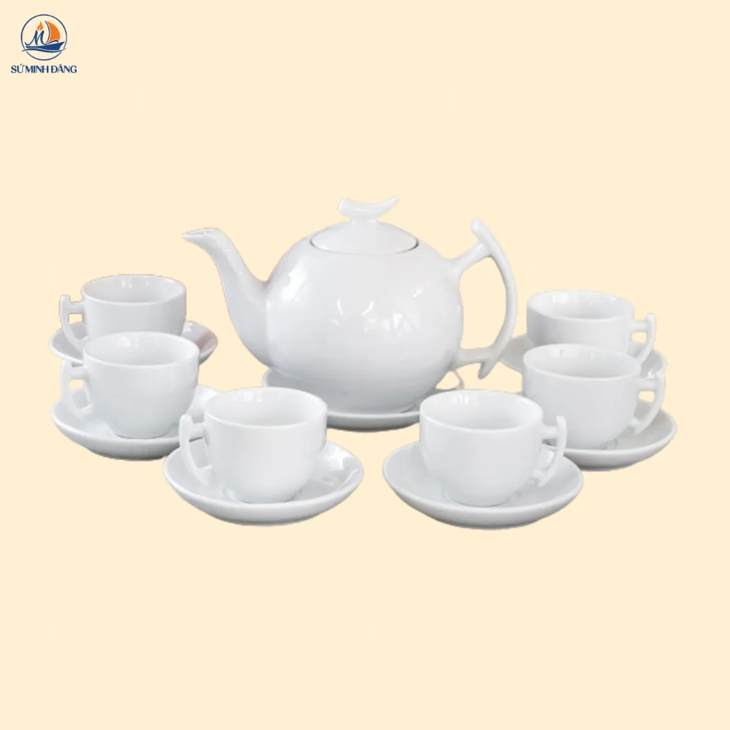 Bộ ấm chén trắng Bát Tràng dáng bưởi cành