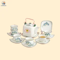 Bộ ấm chén dáng vuông sen xanh in logo theo yêu cầu