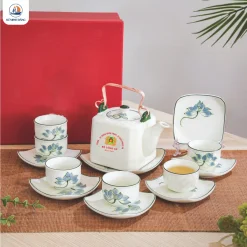 Bộ ấm chén dáng vuông sen xanh in logo theo yêu cầu