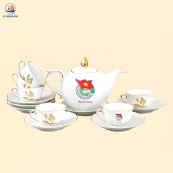 Bộ ấm trà mẫu đơn họa tiết sen vàng in logo Đoàn thanh niên Cộng sản HCM