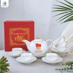 Bộ ấm tà mẫu đơn kẻ chỉ vàng kim in logo theo yêu cầu