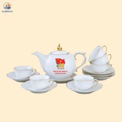Bộ ấm tà mẫu đơn kẻ chỉ vàng kim in logo theo yêu cầu