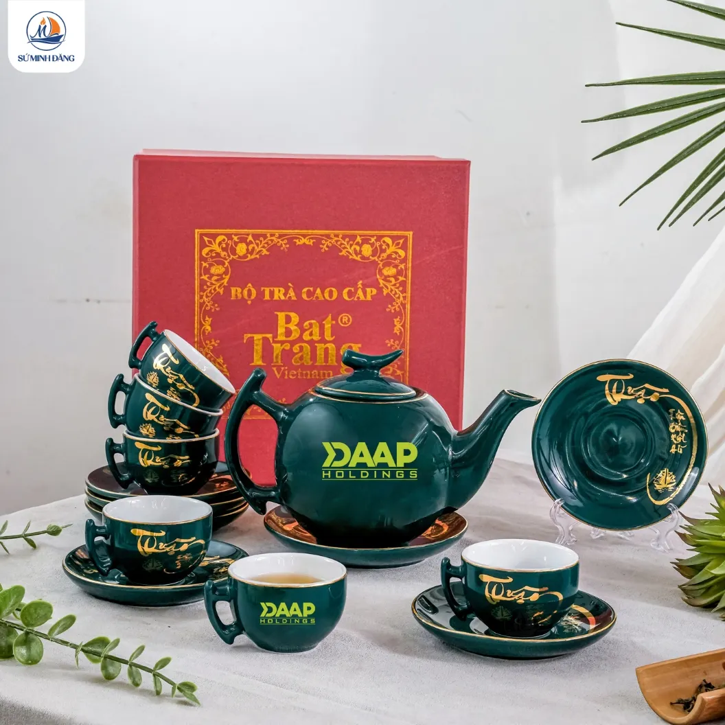 Bộ ấm trà dáng bưởi cành in logo thương hiệu