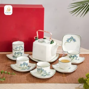 Bộ trà gốm dáng nâu họa tiết sen xanh