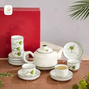 Bộ ấm chén Bát Tràng họa tiết sen xanh men trắng