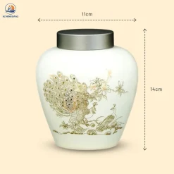 Hũ trà gốm men trắng họa tiết Khổng Tước