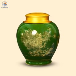 Hũ trà gốm Khổng Tước Khai Vận men xanh rêu