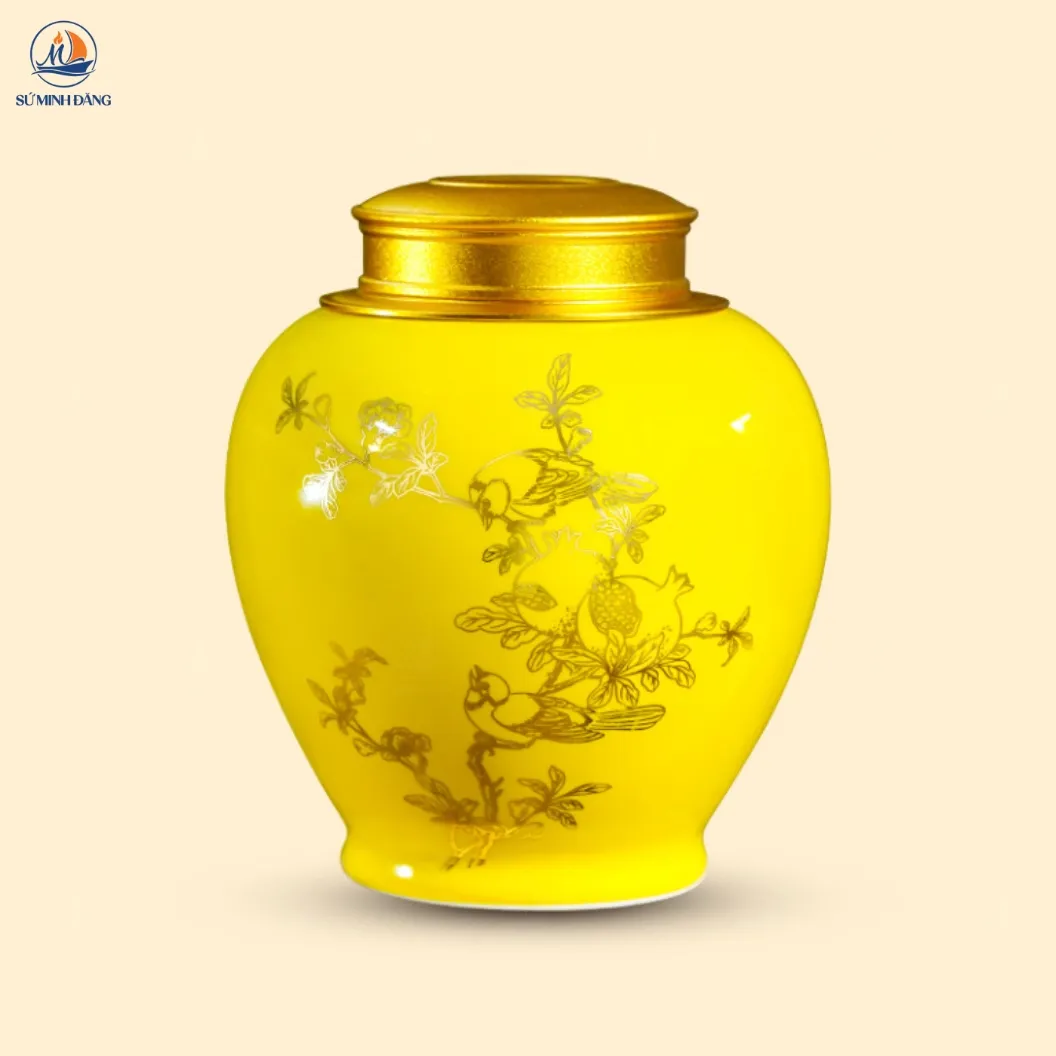 Hũ trà gốm Lựu Khai Phú Quý men vàng