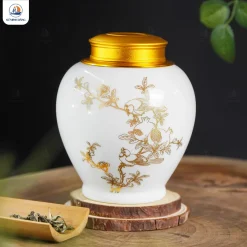Hũ trà gốm men trắng họa tiết Lựu Khai Phú Quý