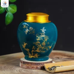 Hũ trà gốm men lục họa tiết Lựu Khai Phú Quý