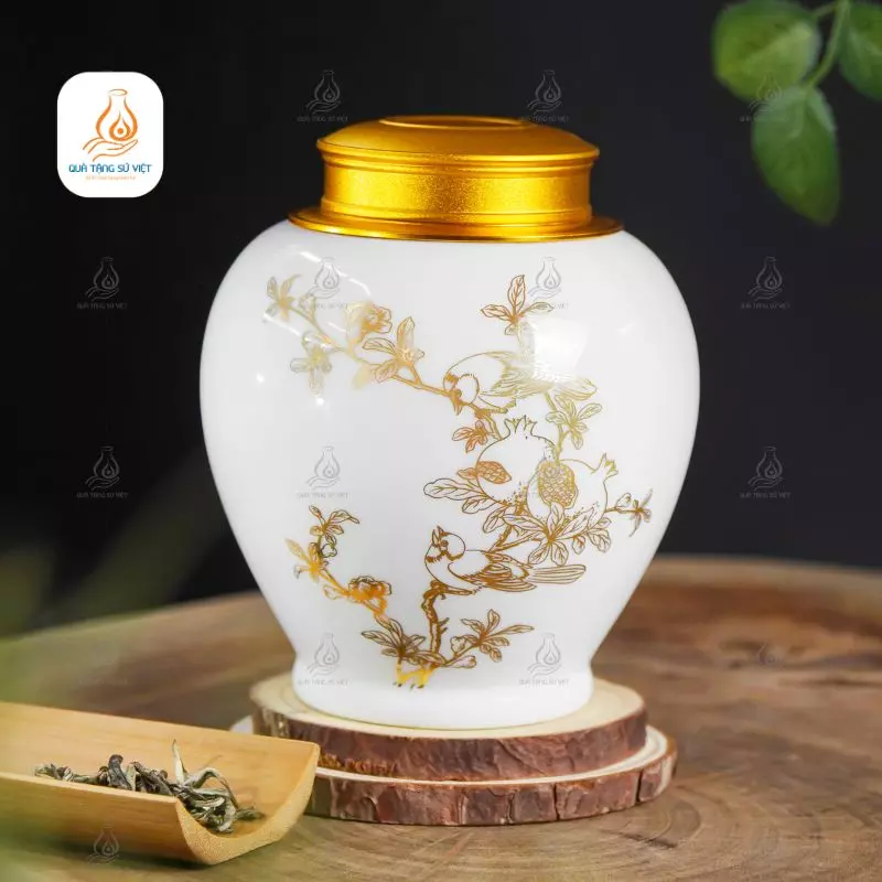 Hũ trà gốm men trắng họa tiết kẻ vàng kim