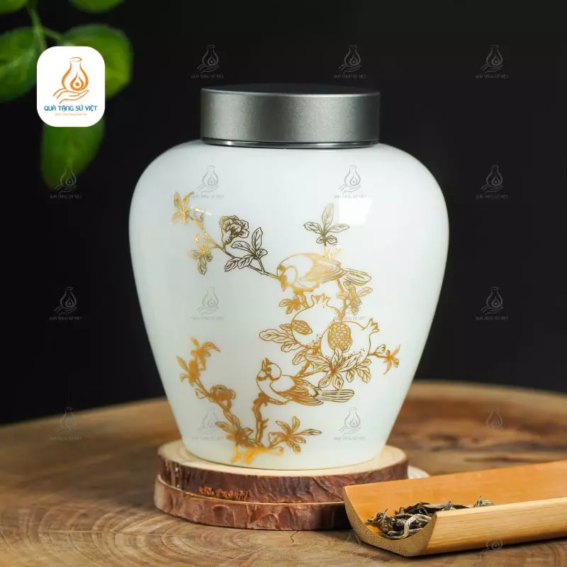 Hũ trà trắng họa tiết phong thủy