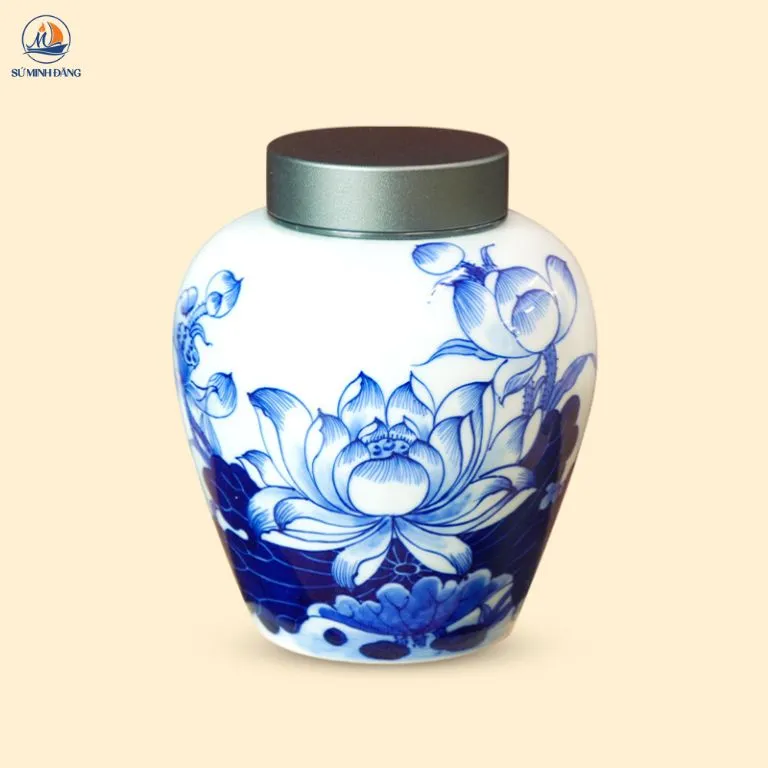 Hũ trà gốm trắng hoa sen xanh