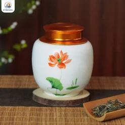 Hũ trà gốm trắng họa tiết Hồng Liên