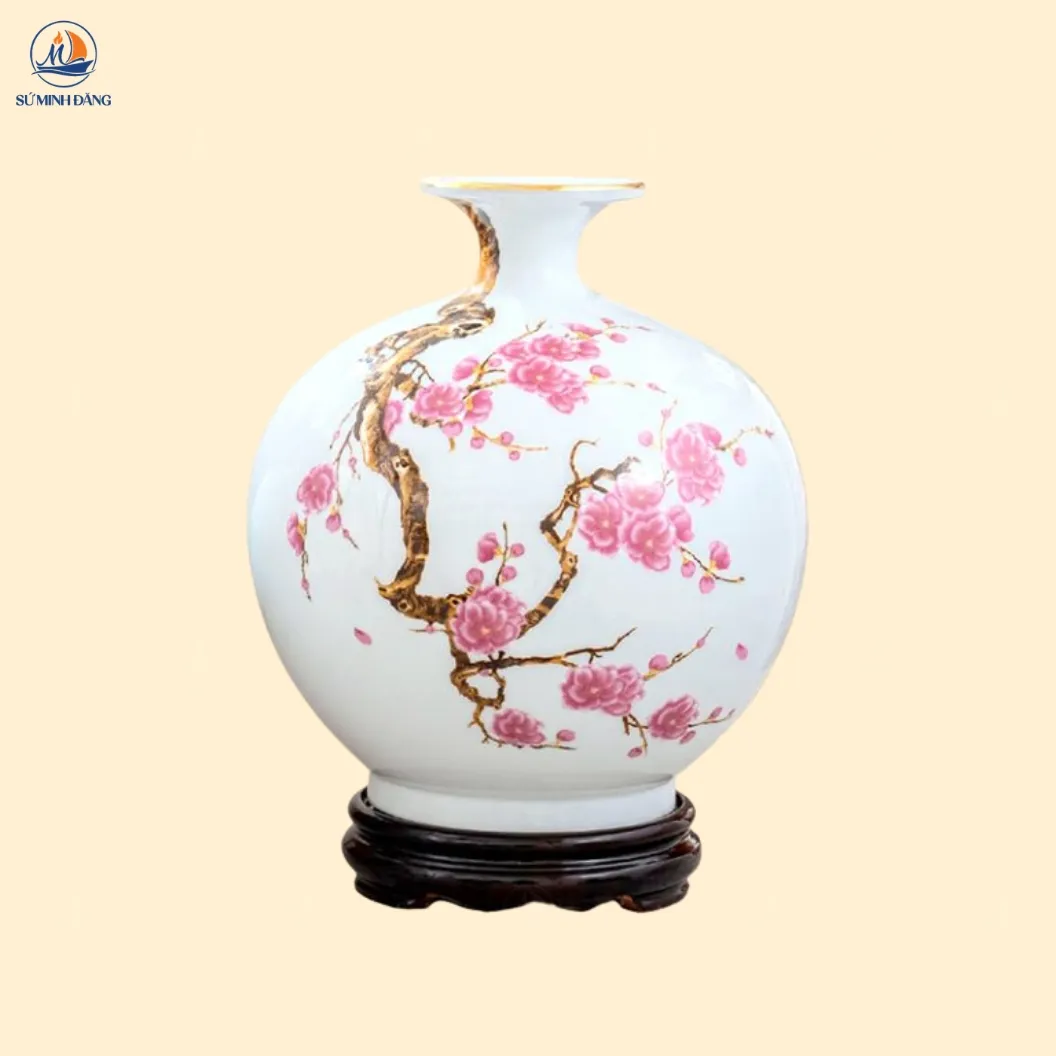 Bình hút lộc men gốm trắng họa tiết hoa đào